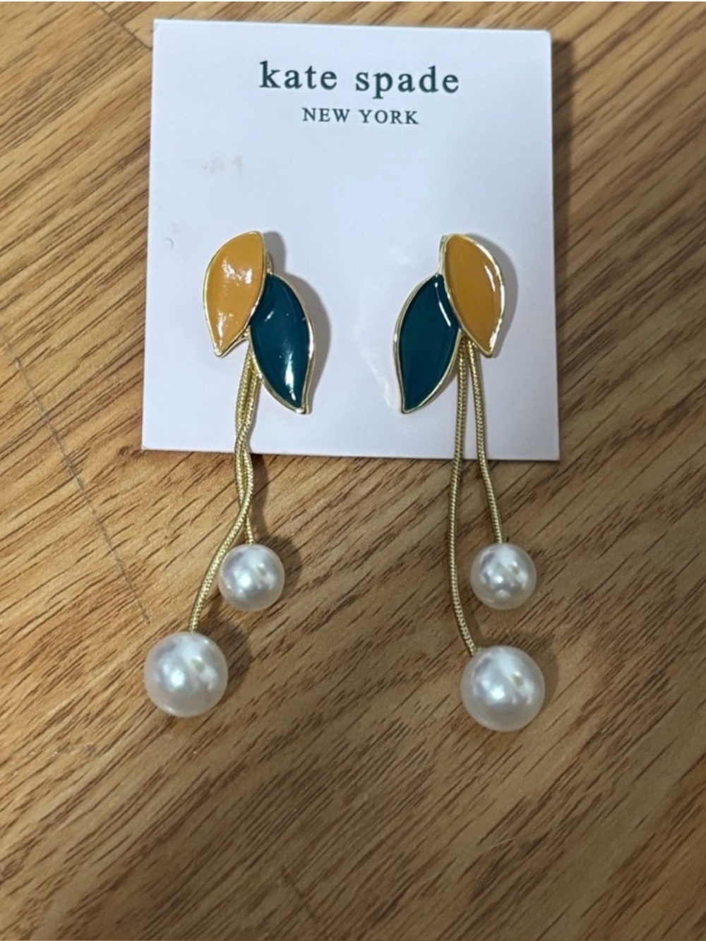 Kate Spade Gold, Teal & Mustard Leaf Pearl Drop Earrings